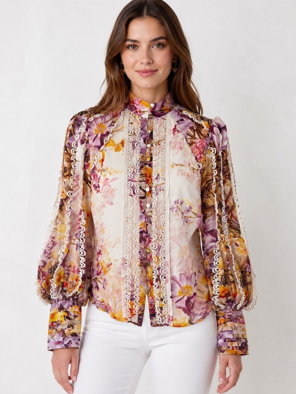 Karen Millen NWT Floral Lace Trim High Neck Blouse Women's US 4 Romantic